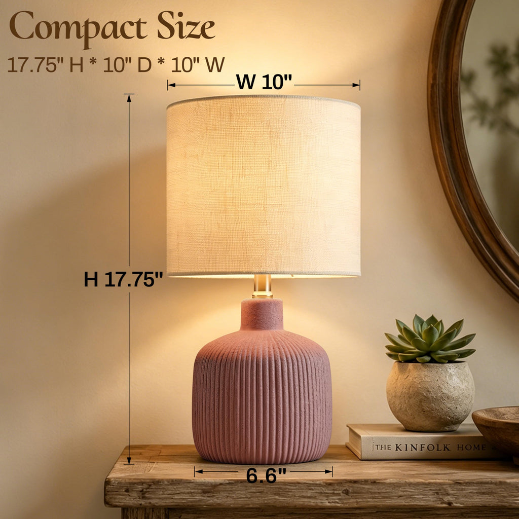 Ceramic Table Lamp, 17.75" Rustic Farmhouse Bedside Lamp with Beige Linen Shade, Warm Ambient Nightstand Lighting