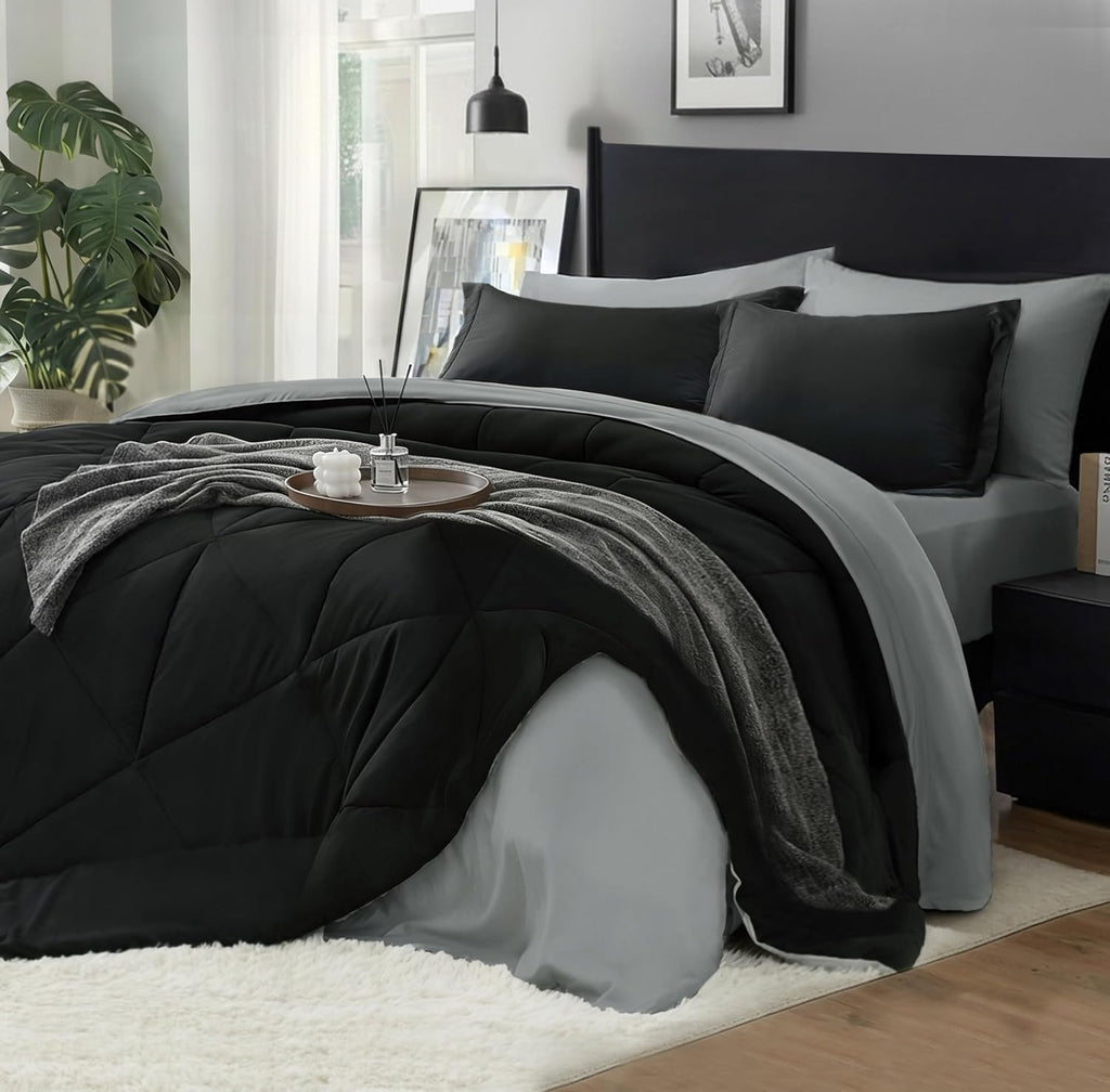 Queen Comforter Set 7 Pieces, Reversible Black Bed in A Bag - Set of 7