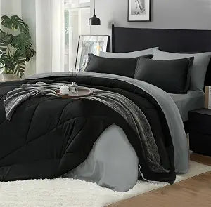 Queen Comforter Set 7 Pieces, Reversible Black Bed in A Bag - Set of 7