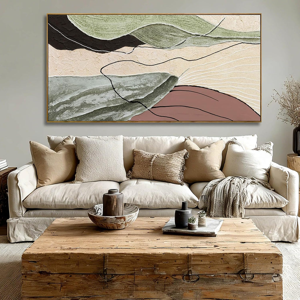Brown Green Abstract Canvas Wall Art, Framed Beige White Painting, Neutral Black Prints Wall Decor, Artwork