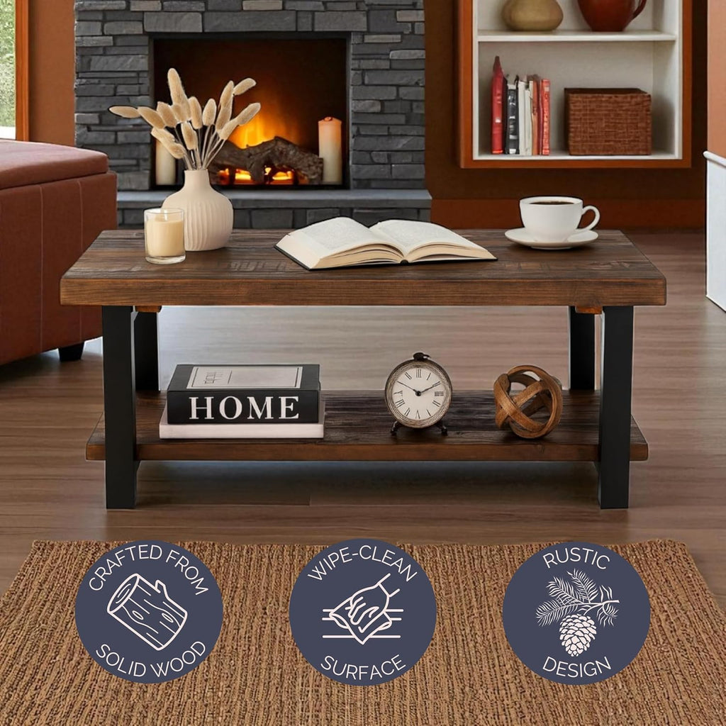 Pomona Living Room Collection - 42 Inch Rectangular Solid Wood Coffee Table with Storage Shelf & Metal Legs