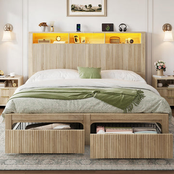 Queen Size Bed Frame with Headboard & 2 Storage Drawers, Wood