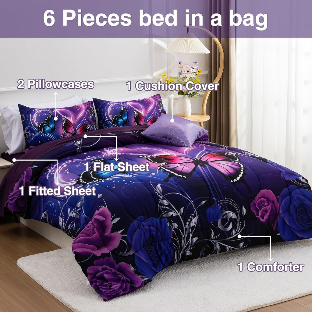 A Nice Night Galaxy 6pcs Bed in a Bag Purple and Blue Dreamy 3D Butterfly Printed