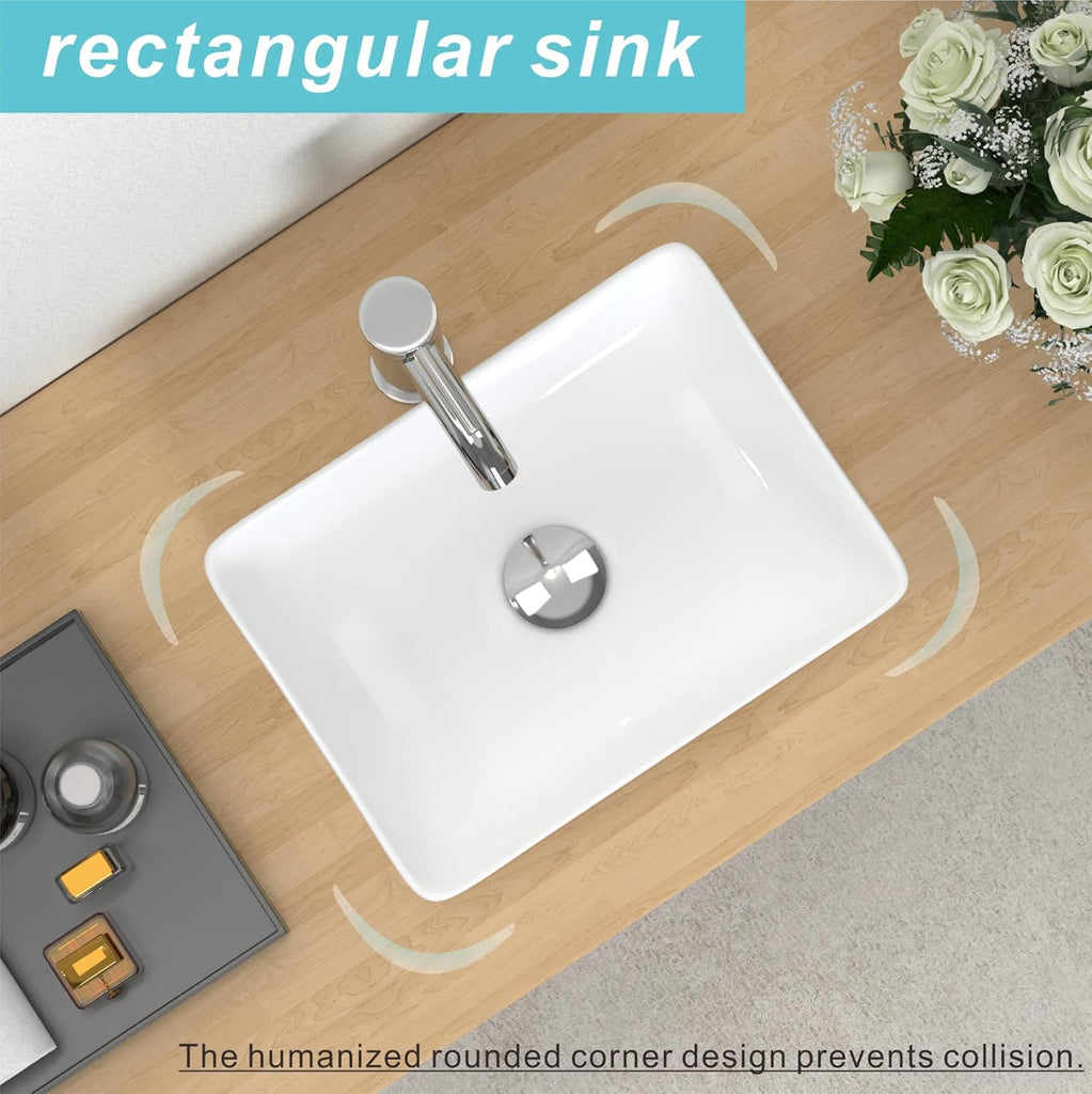 J-FAMILY 14.5'' x 10.6'' Small Vessel Sink Bathroom Above Counter White Porcelain Ceramic Rectangular Sink Bowl Small