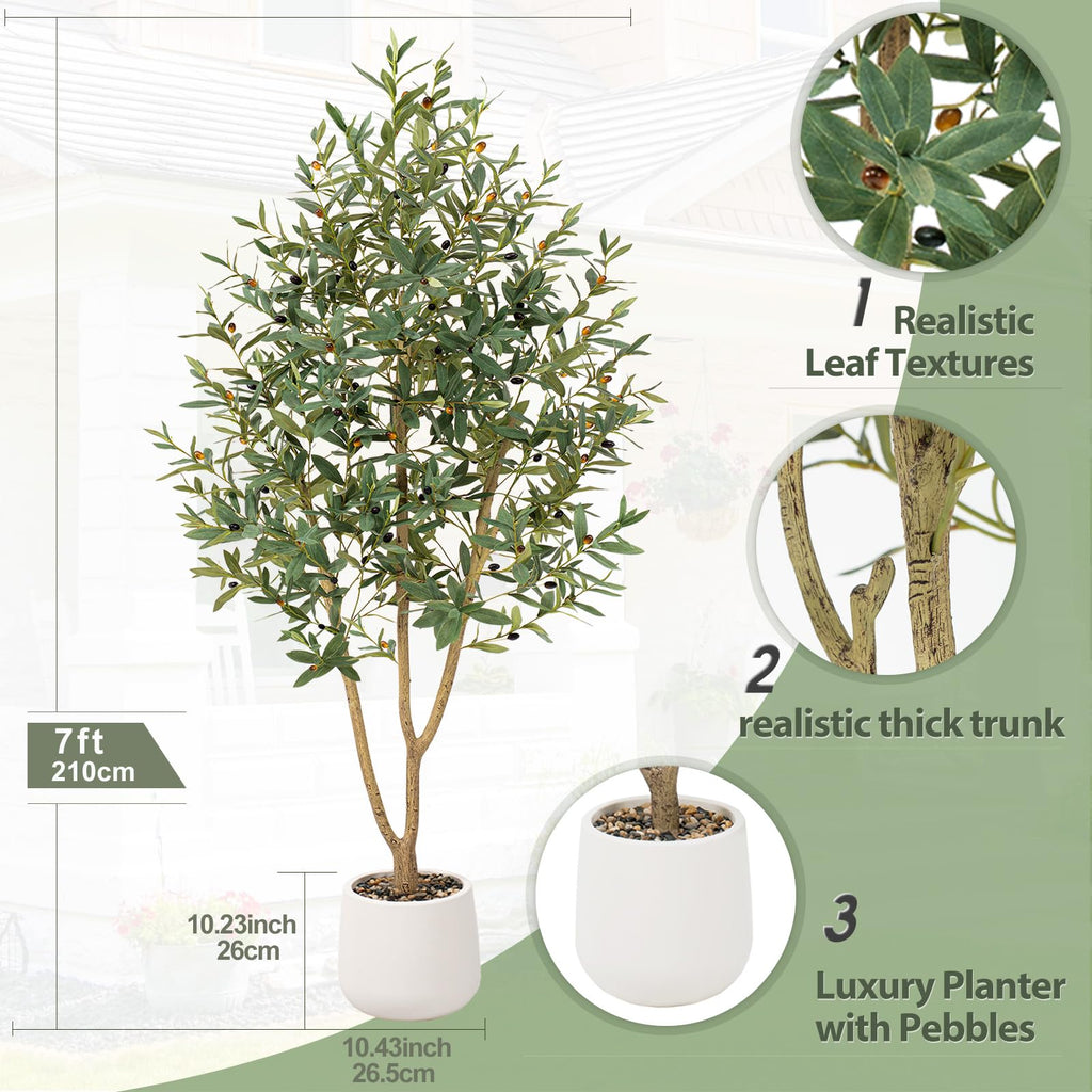 7FT Olive Trees Artificial, Large Faux Olive Tree with White Tall Planter, Faux Tree Indoor with Lush Lifelike Fruits