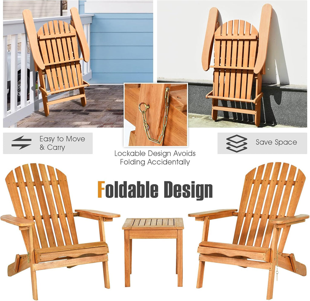 3 Pieces Adirondack Chair Set, Outdoor Wood Furniture Set with 2 Folding Lounge Chairs & Side Table, Widened Armrest