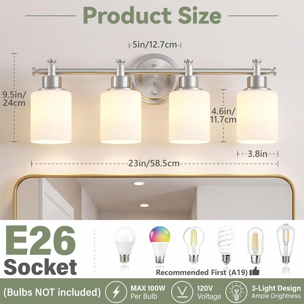 4 Light Bathroom Vanity Light Fixture Over Mirror, Brushed Nickel, 23'' | Vanity Lights , White Frosted Glass Shades