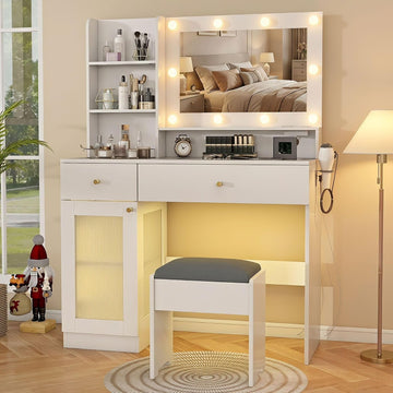 Vanity Desk with Mirror and Lights: 40" White Makeup Vanity with Glass Top, Wood Dressing Table with Drawers and