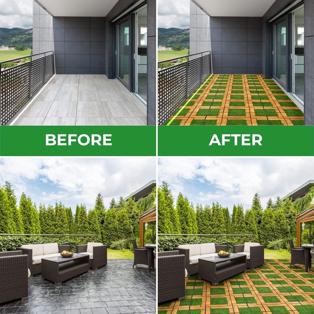 Interlocking Acacia Wood and Artificial Grass Deck Tiles, 12"x12", 0.94" Thick, Outdoor Patio Flooring for Garden