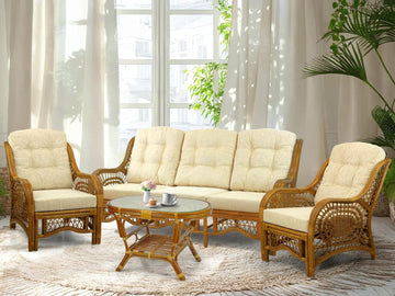 Malibu Lounge Set of 4: 2 Natural Rattan Wicker Chairs, Three-Seater Sofa with Cushions, and Coffee Table with Glass
