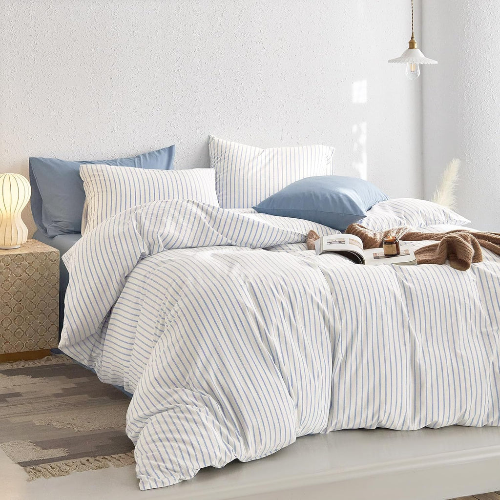Striped Cotton Duvet Cover Set, Ticking Stripe Vertical Pinstripe Farmhouse, 100% Washed Cotton Textured Bedding Set