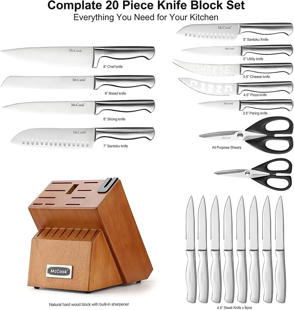 Knife Set Kitchen Steel Knife Block Set w Built-in Sharpener | German Forged Stainless Steel, 20 PC,Razor Sharp