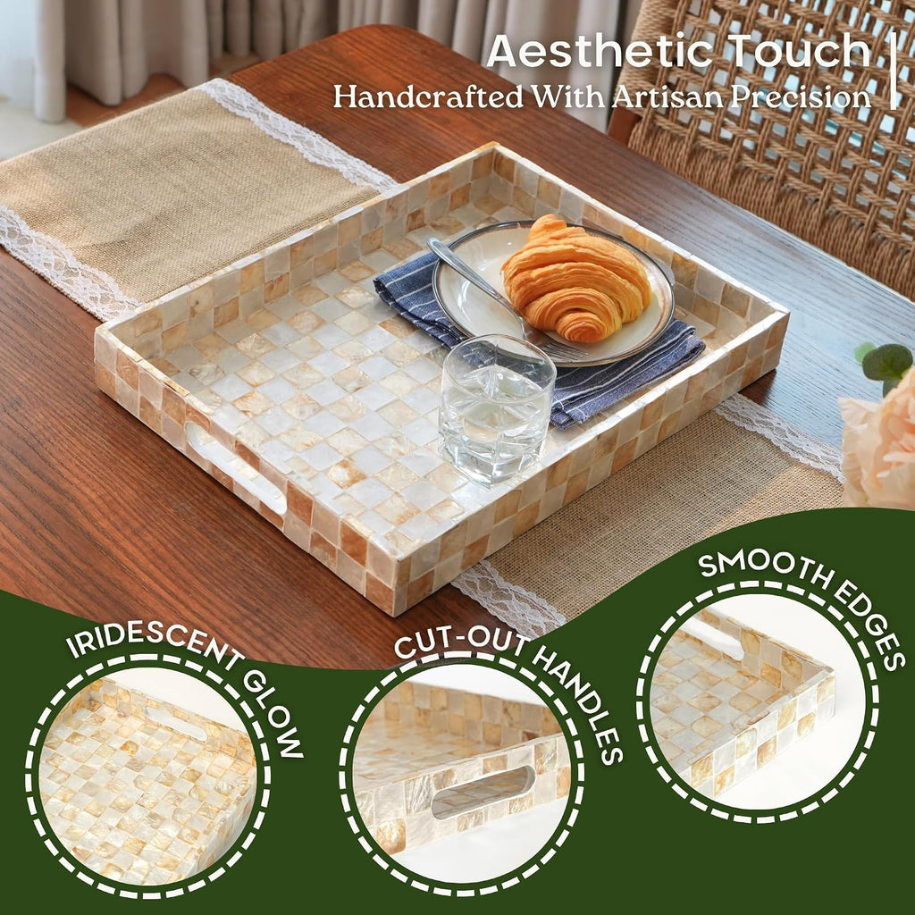 15.8" x 11.8" Rectangle Serving Tray with Handles, Capiz Shells Checkered Rectangular Tray for Ottoman Table, Mother
