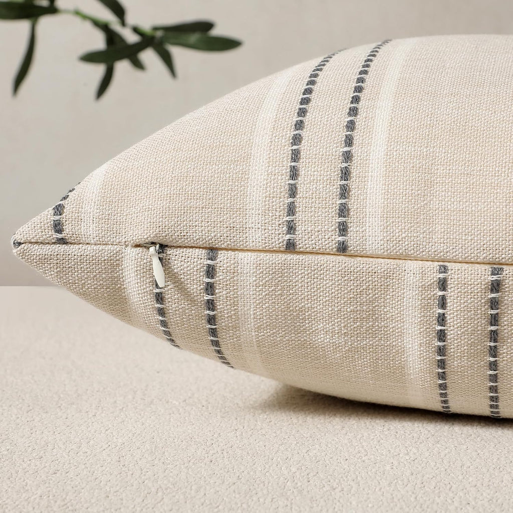 Throw Pillow Covers 20x20 Set of 2 Striped Pillow Covers Textured Linen Decorative Pillows Square Cushion Covers, Grey