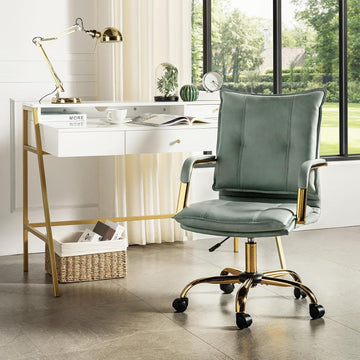 Faux Leather Home Office Desk Chair, Adjustable Swivel Computer Chair with Golden Legs and Arms, Comfy Upholstered