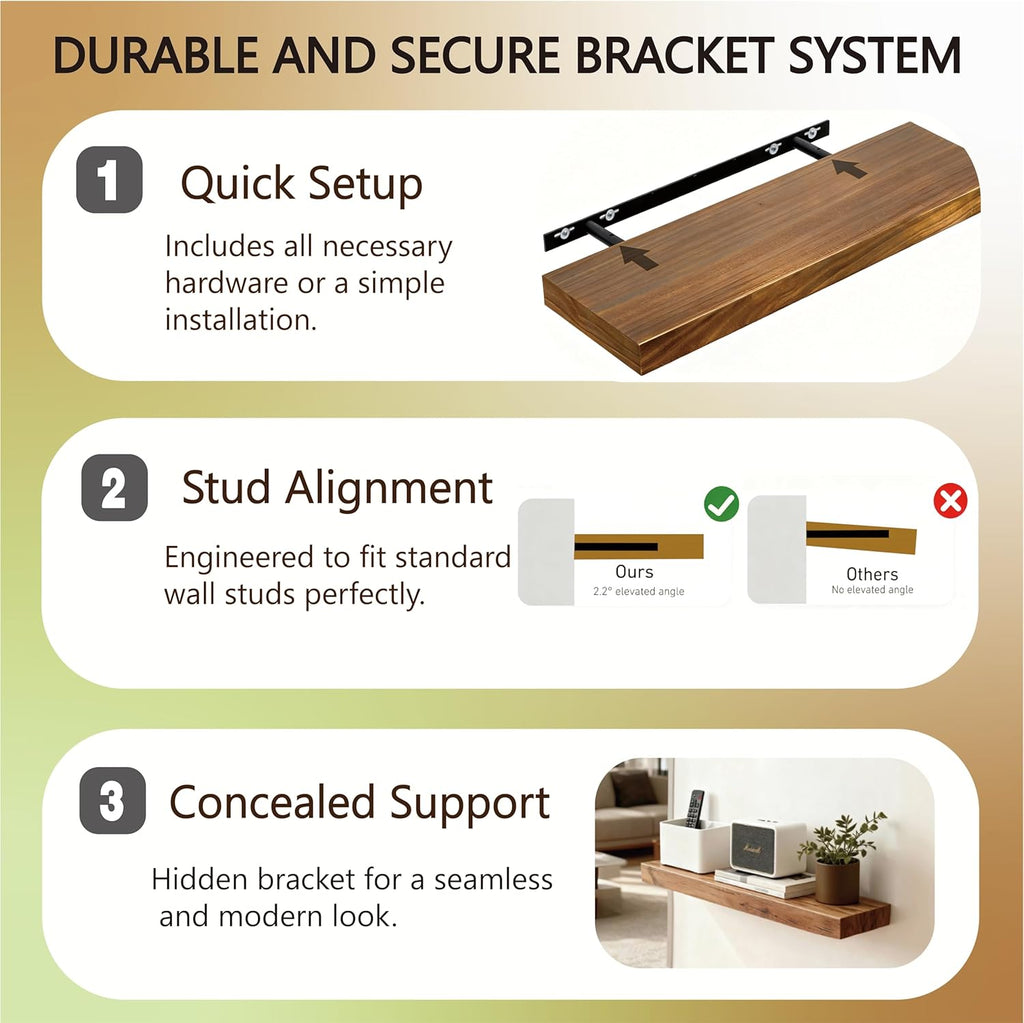 Solid Wood Floating Shelves,11.8in Finished Real Wood Wall Shelves with Heavy-Duty Hidden Bracket, Easy Installation