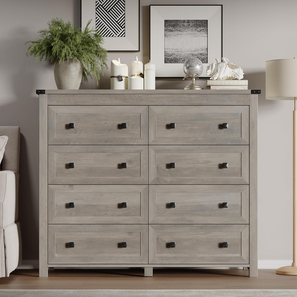 Tall 8-Drawer Dresser, Modern Wooden Storage Chest of Drawers, Dresser TV Stand, Wood Drawer Organizer with Metal