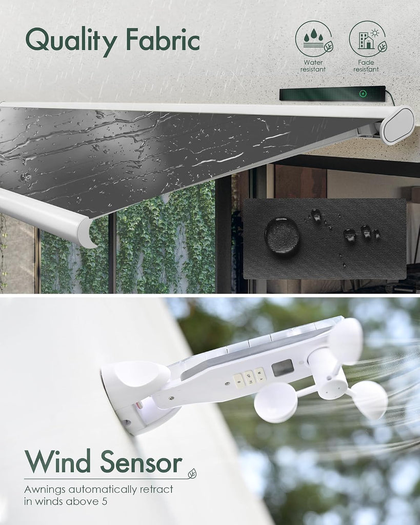 12'x8.2' Solar Motorized Retractable Patio Awnings with Wind Sensor | Smart Electric Awning for Outdoor Decks, Full