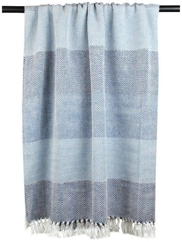 Herringbone Striped Cotton Throw Blanket, 50x60 with 2.5" Fringe, Blue
