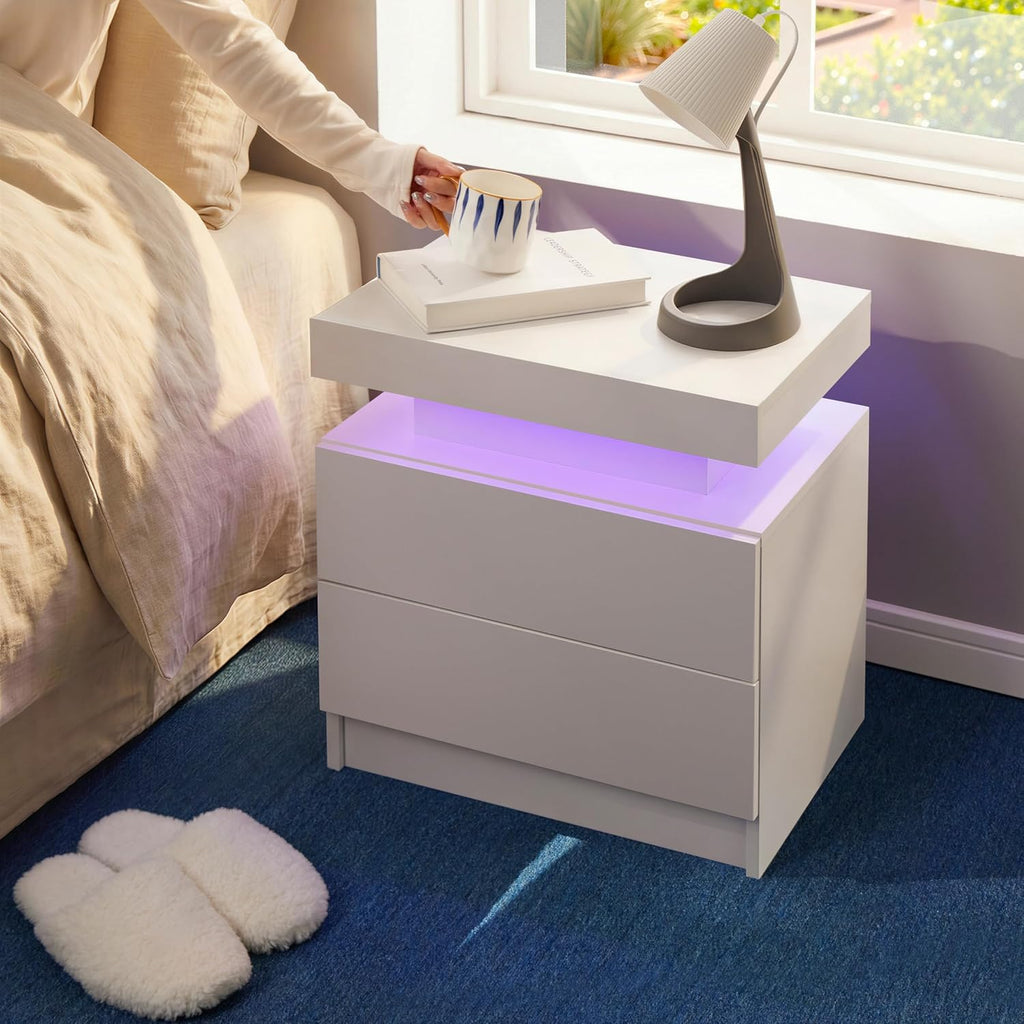 Nightstands Set of 2,LED Night Stand Set 2,Bedside Table with Wood Drawers,Modern End Side Table ,White
