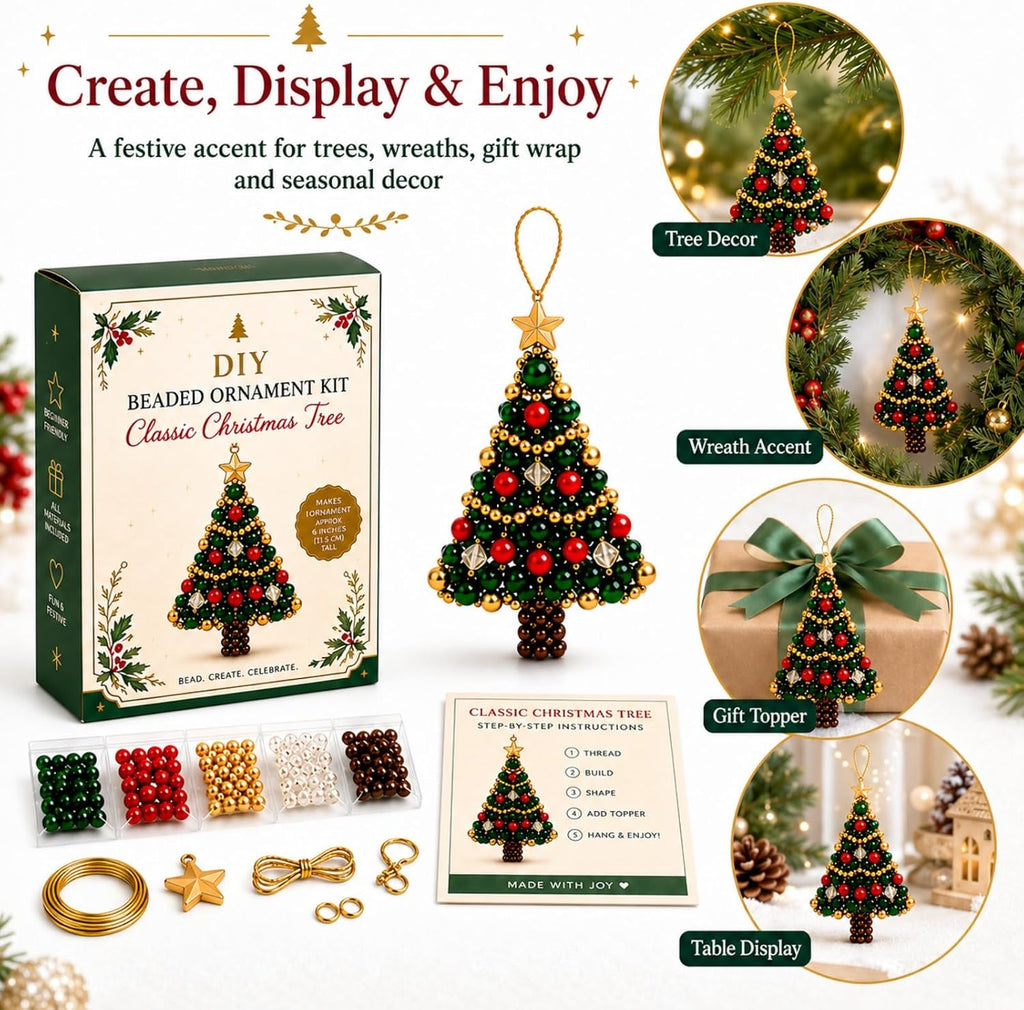 DIY Christmas Tree Beaded Ornament Kit, Pearl Crystal Holiday Craft