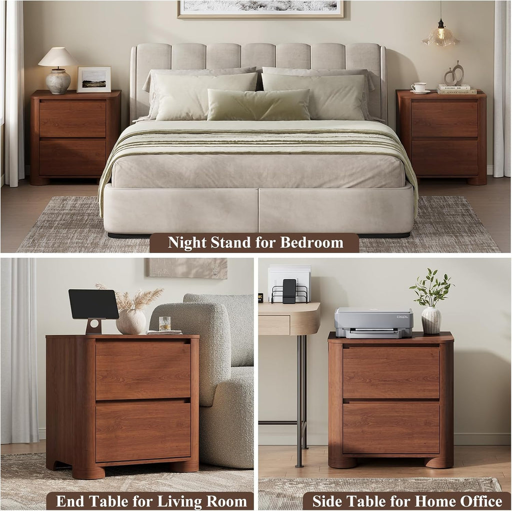 Walnut Nightstand with Charging Station, 23.6" Modern Night Stand with Unique Thickened Foot and 2 Storage Drawers