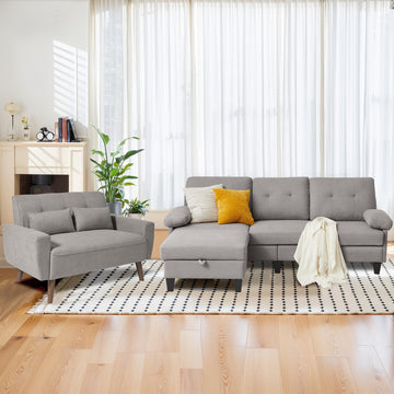 2 Pieces Sectional Sofa Set, 79" 3-Seat L Shaped Couches with Storage Ottoman and 48" Loveseat Sofa Set Polyester