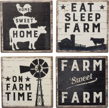 Set of 4 Absorbent Stone Coasters, Rustic Farmhouse Coaster Designs, Farm Sweet Farm, Includes Wire Holder, Slatted