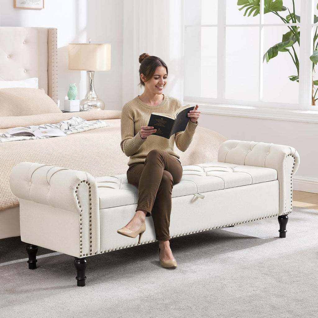 67 Inch Storage Bench , King Size End of Bed Bench, Upholstered Bench with Rolled Arms, Linen Tufted Button Storage