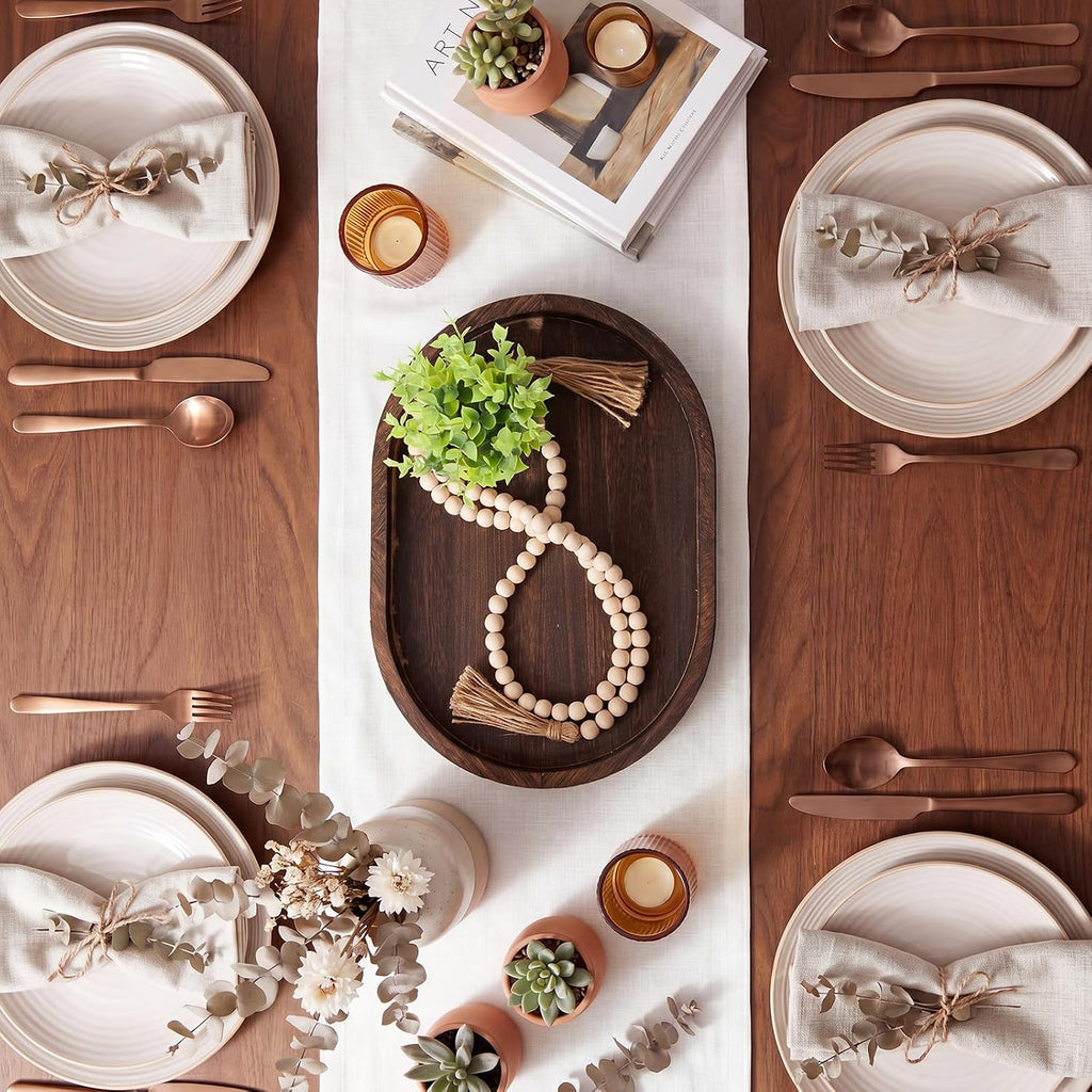 16" x 11.8" Oval Wood Decorative Tray with 58" Wood Bead Garland, Beaded Coffee Table Decor Tray with Legs, Rustic