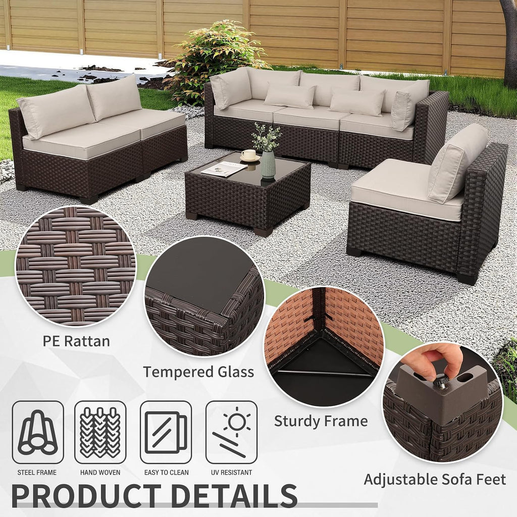 Outdoor Patio Furniture Set 7 Pieces Wicker Sectional Sofa Brown Rattan Conversation Couch with Coffee Table