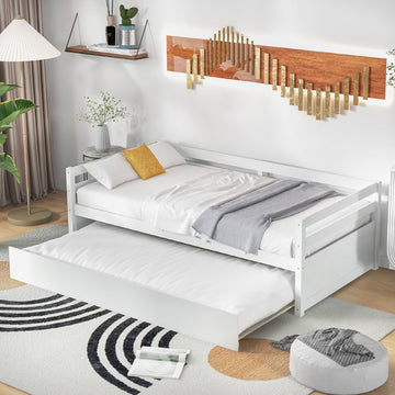 Twin Daybed with Trundle White, Wood Trundle Bed with Wood Slat Support, Mid Century Day Bed Frame Guest Room, No Box