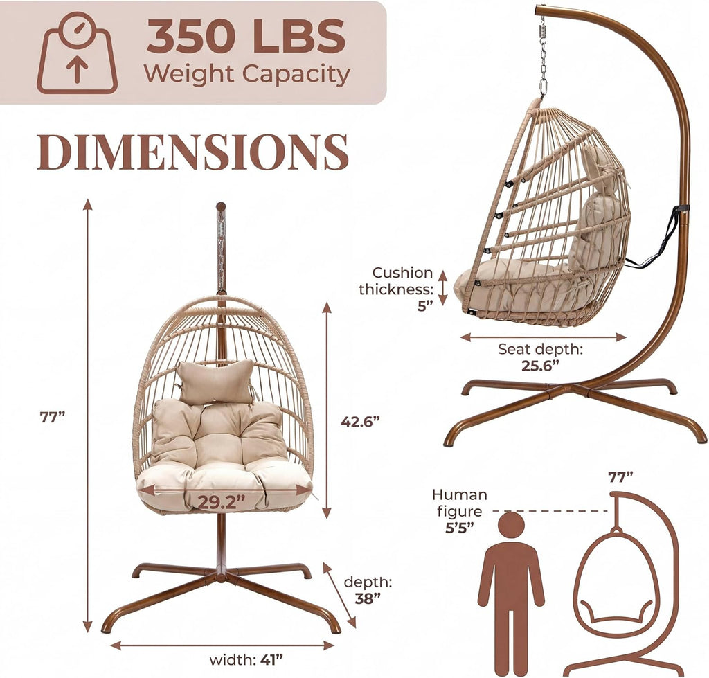 Hanging Egg Chair with Stand Indoor Outdoor, Comfy Patio Rattan Swing Hammock Chairs with Cushion, 350lbs Capacity