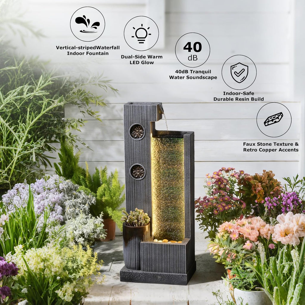 37’’ Tall Waterfall Fountain Indoor Modern Outdoor Water Fountains with LED Light,Vertical Striped Texture Floor