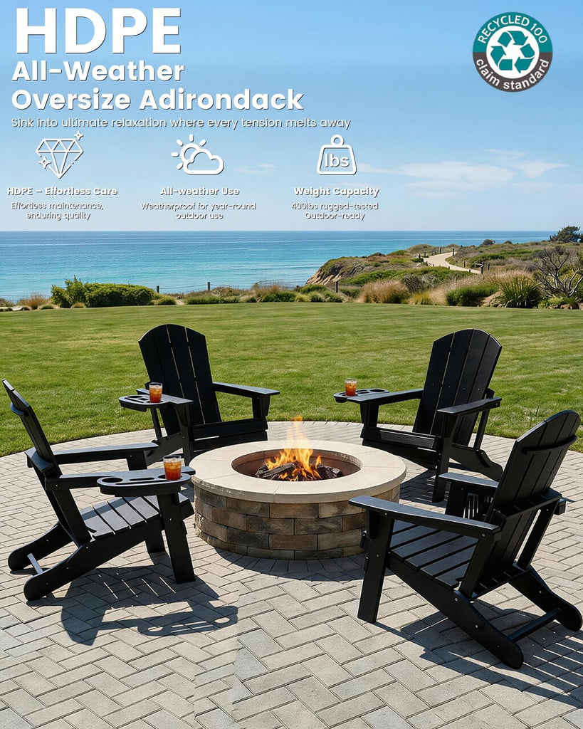 Folding Adirondack Chair Set of 4 with 4-in-1 Cup Holder,Fire Pit Chair | HDPE All-Weather Adirondack Chairs Outdoor