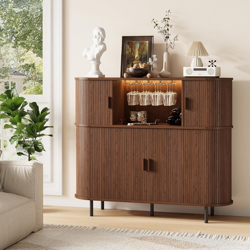 55" Fluted Wine Bar Cabinet with Power Outlet Walnut | Large Coffee Bar, Liquor Whiskey Cabinet, Home Bar, with LED