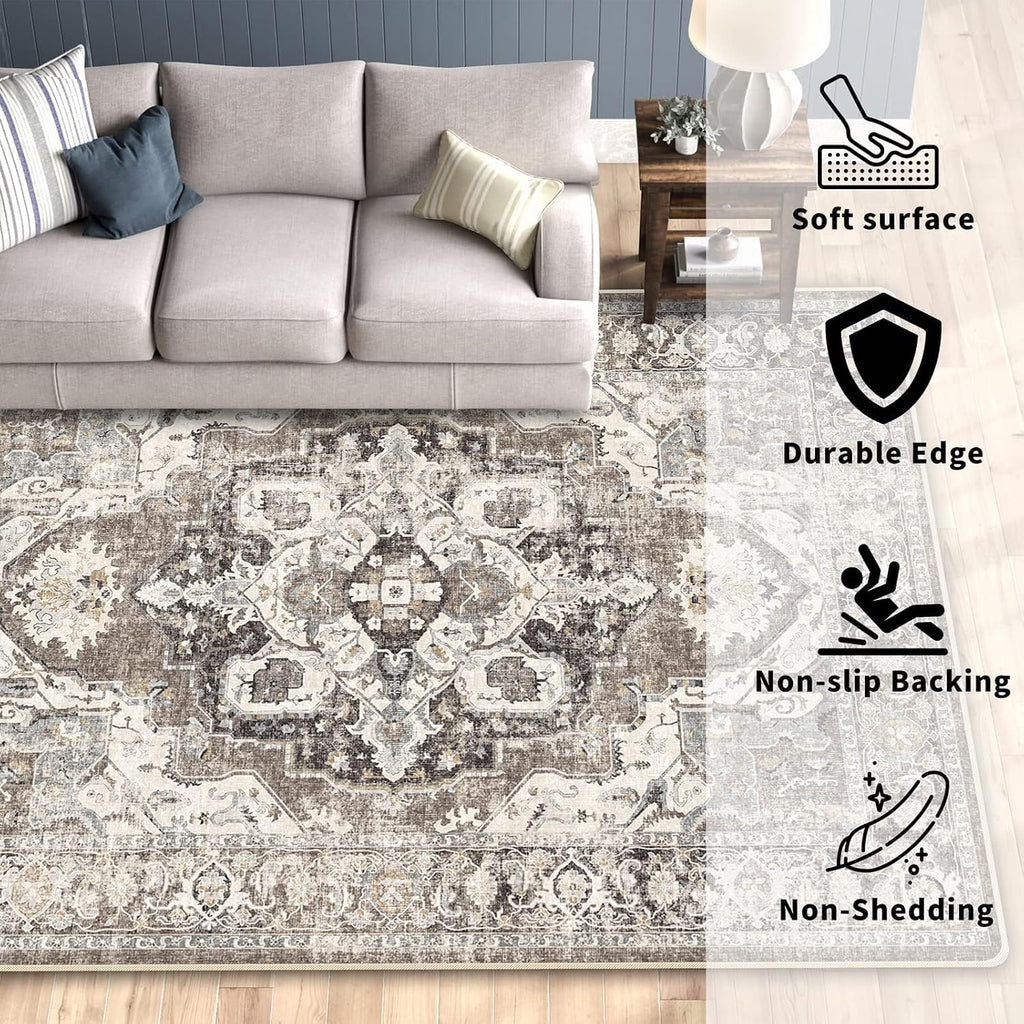 10x14 Washable Area Rug - Large Vintage Non-Slip Rugs Bedroom Soft Low Pile Stain Resistant Carpet Indoor Boho Floor