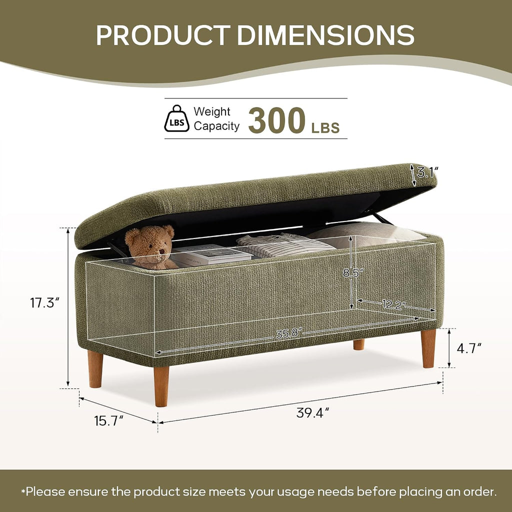 39.4" Ottoman with Storage Upholstered Storage Bench | Modern Fabric End of Bed Bench Footstool with Wooden Legs