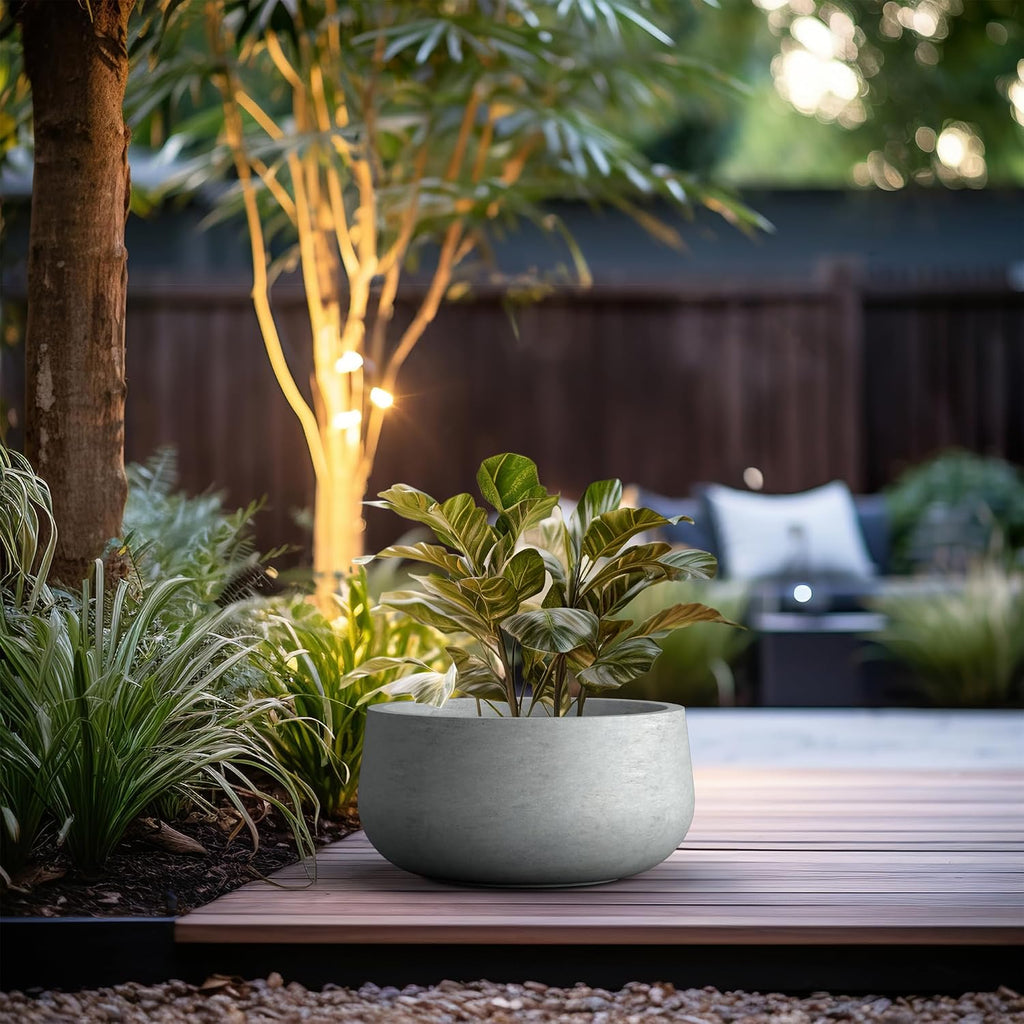 Large Round Bowl Pale Gray Concrete Planter 20" Dia, Outdoor | Rubber Plug for Indoor, Drainage for Garden