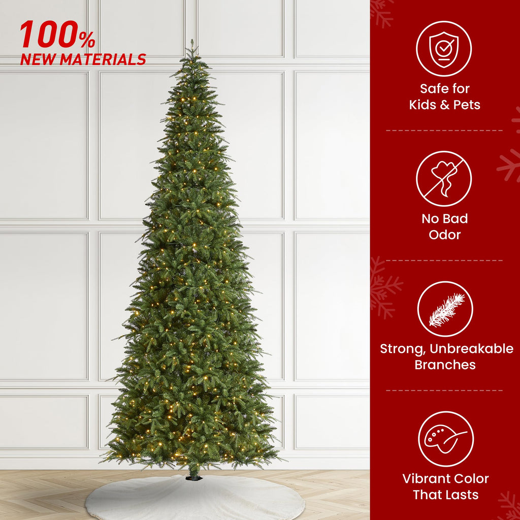 11ft Pre-Lit Christmas Tree, Hinged Slim Artificial Xmas Tree, Radiant Evergreen Fir with 850 Warm White/Multi-Color