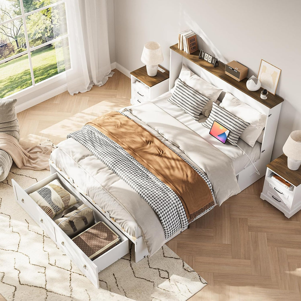 Queen Murphy Bed with Charging Station - Rattan Queen Bed Frame with Storage Drawers, Wood Cabinet Beds for Guest