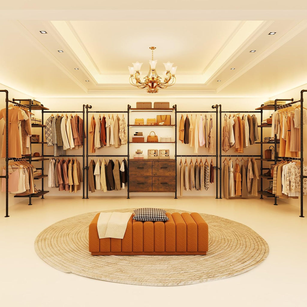 T3 Closet System with Stepless Dimmable LED Light, Industrial Pipe Clothing Rack with 4 Drawers, 6 Wooden Shelves & 4