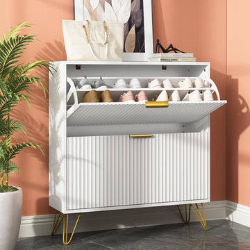 34.4" H Fluted Shoe Storage Cabinet with 2 Flip Drawers, White[Hidden Shoe Cabinet Storage, Narrow Freestanding Shoe