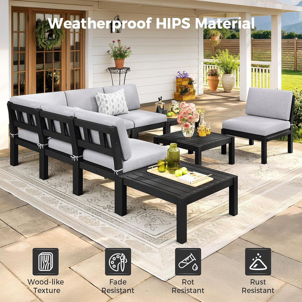 Modular Outdoor Patio Conversation Set, 7-Piece L-Shaped Sectional Sofa Set with Coffee Tables & Thick Cushions, Easy