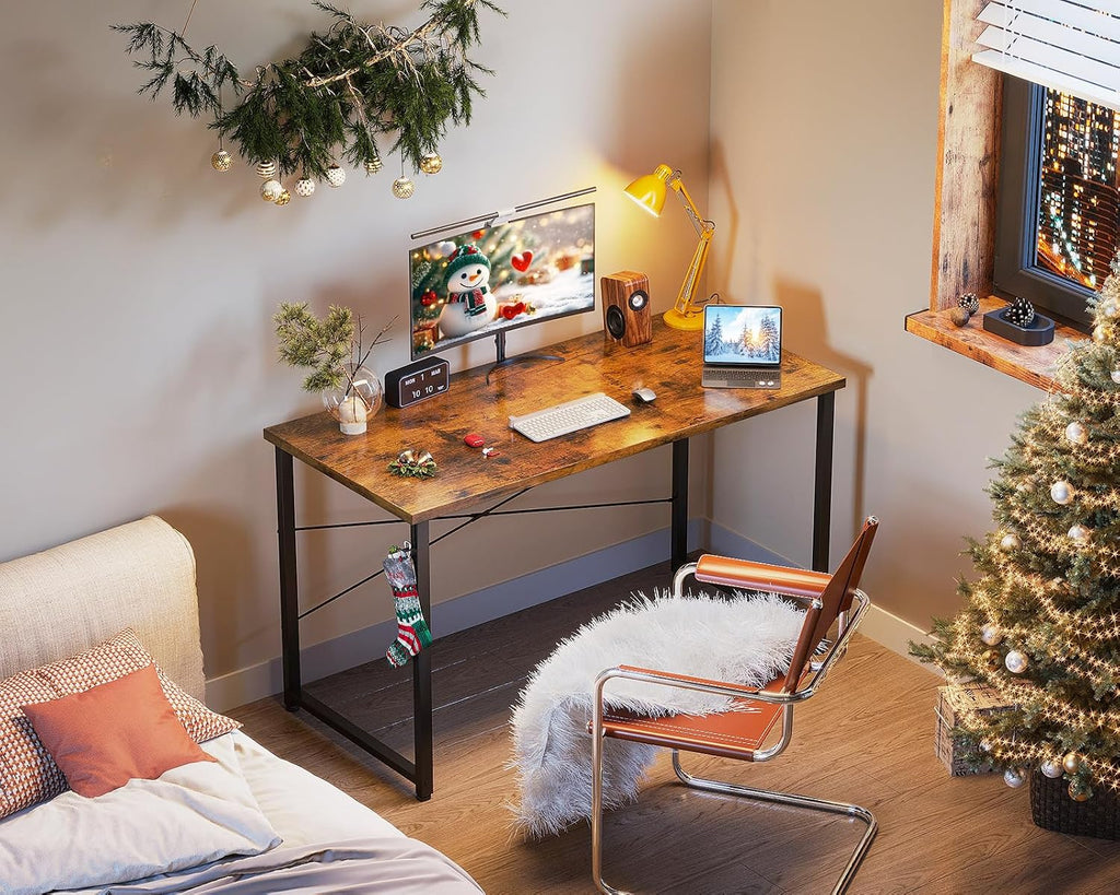 48 Inch Small Computer Desk, Study Writing Table for Small Spaces, Simple Modern Desk with Headphone Hooks, Rustic Brown