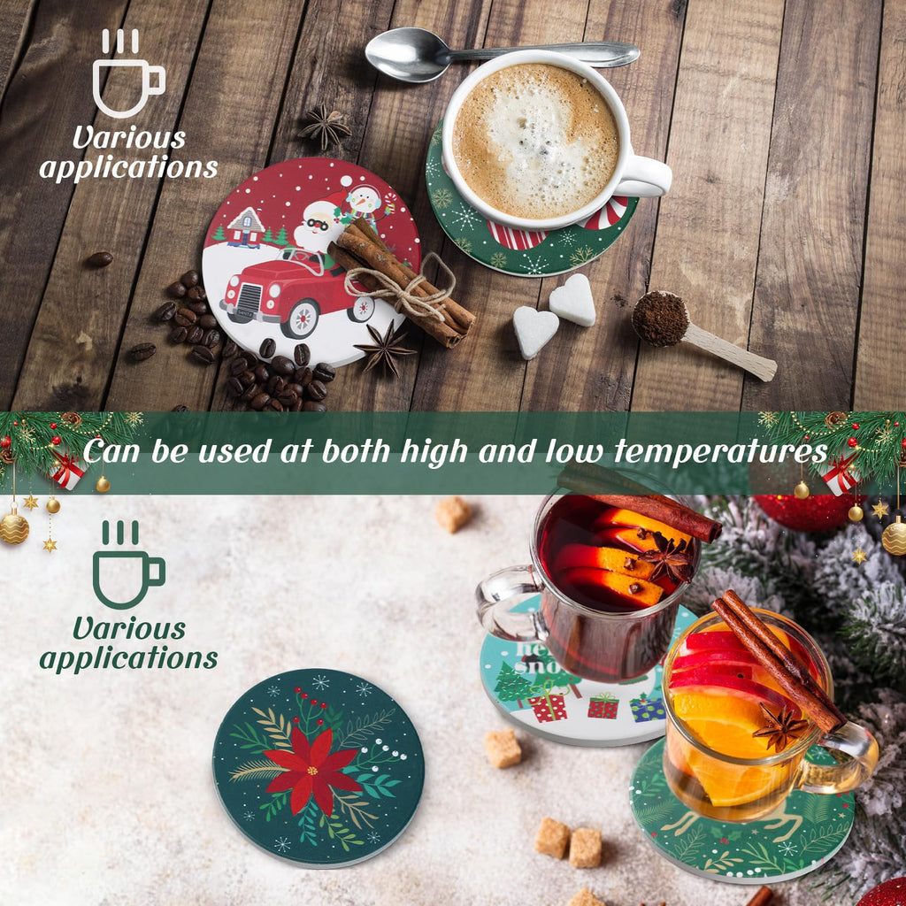 12 Pcs Ceramic Coasters with Holder, Cork Backing, Christmas Style