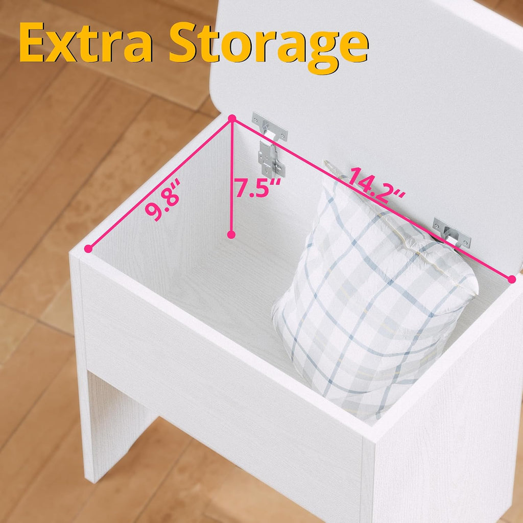 Small Vanity Desk with Mirror Lights and Storage Stool | White compact vanity with 3 light modes, charging station