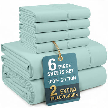 100% Cotton 6 Pc Queen Sheets Set with 4 Pillowcases, 15" Deep Pocket, Durable Percale Weave Naturally Cooling Queen