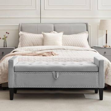 Velvet Storage Ottoman Bench, 46'' Upholstered Button Tufted End of Bed Bench, Modern Storage Bench , Grey