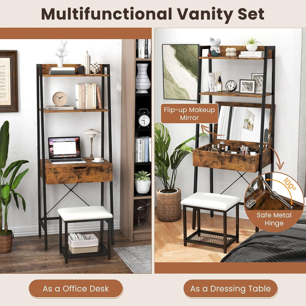Vanity Desk Set with Flip-up Mirror, Ladder Vanity Table and Cushioned Stool Set w/ 4 Storage Compartments, Small